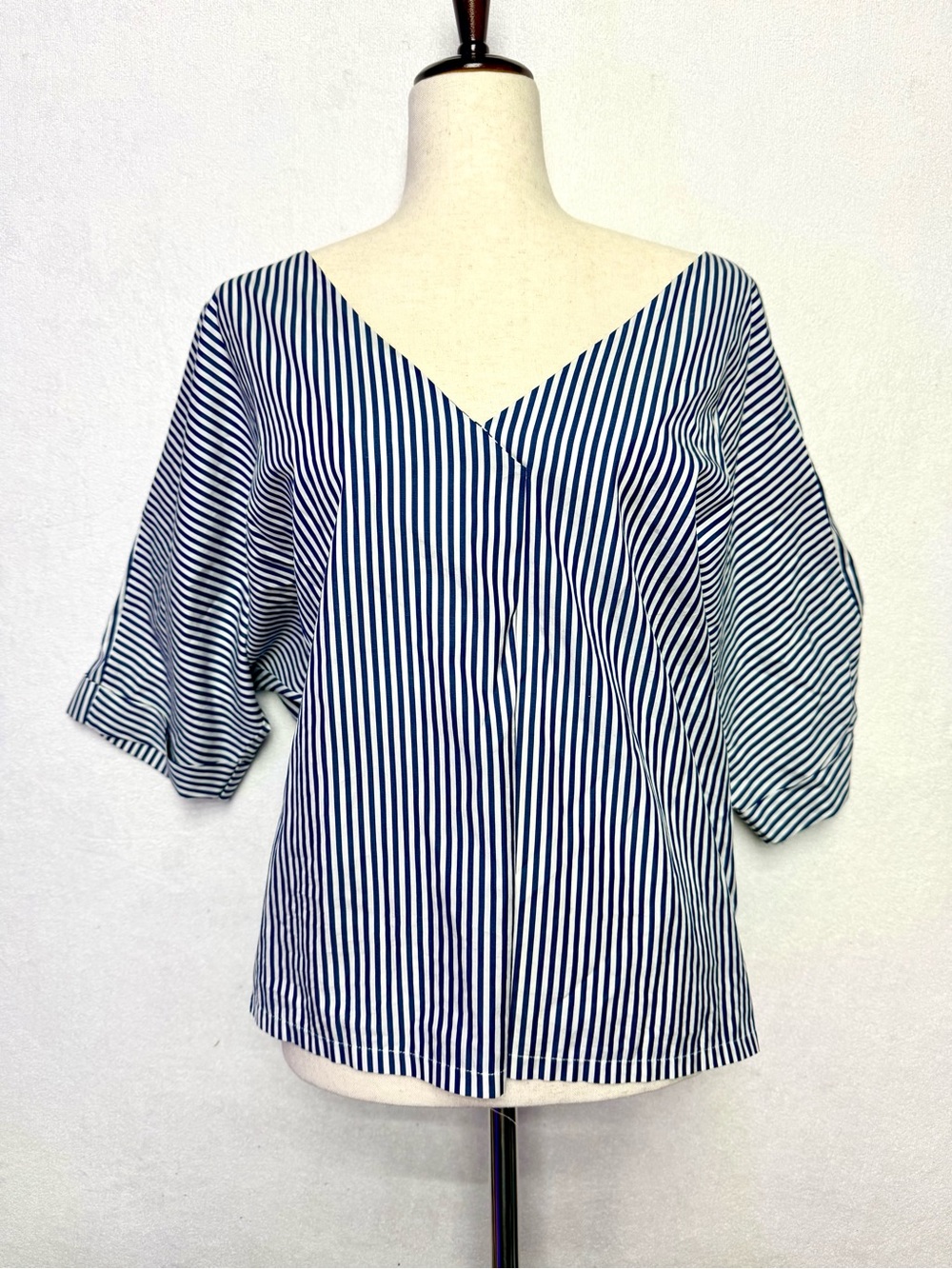 Navy and White Striped V-Neck Blouse
